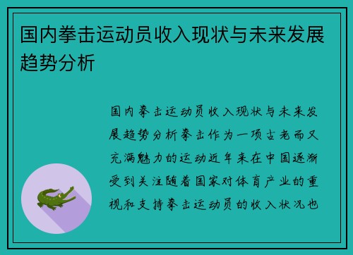 国内拳击运动员收入现状与未来发展趋势分析